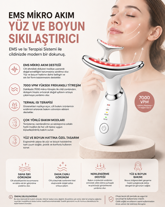 EMS Mikro Akım Yüz ve Boyun Sıkılaştırıcı Cihaz 7000 VPM Titreşim Isı Terapili