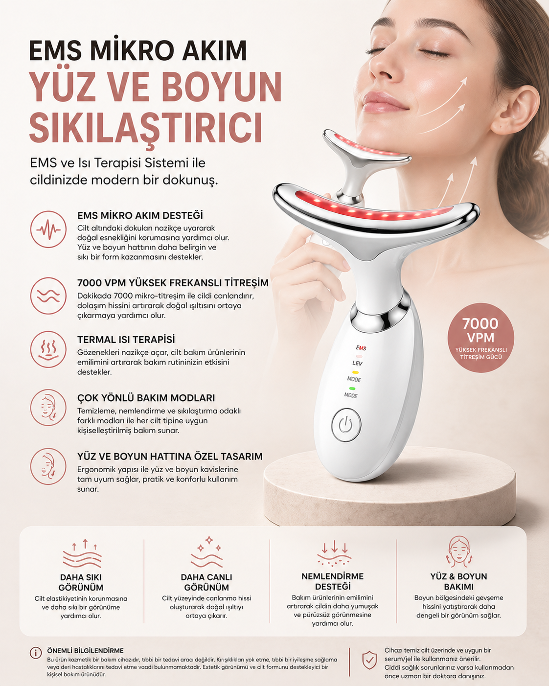 EMS Mikro Akım Yüz ve Boyun Sıkılaştırıcı Cihaz 7000 VPM Titreşim Isı Terapili